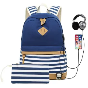 Teens School Backpack Stripe Prints Travel Backpack Set With Built-in USB Charge Porting