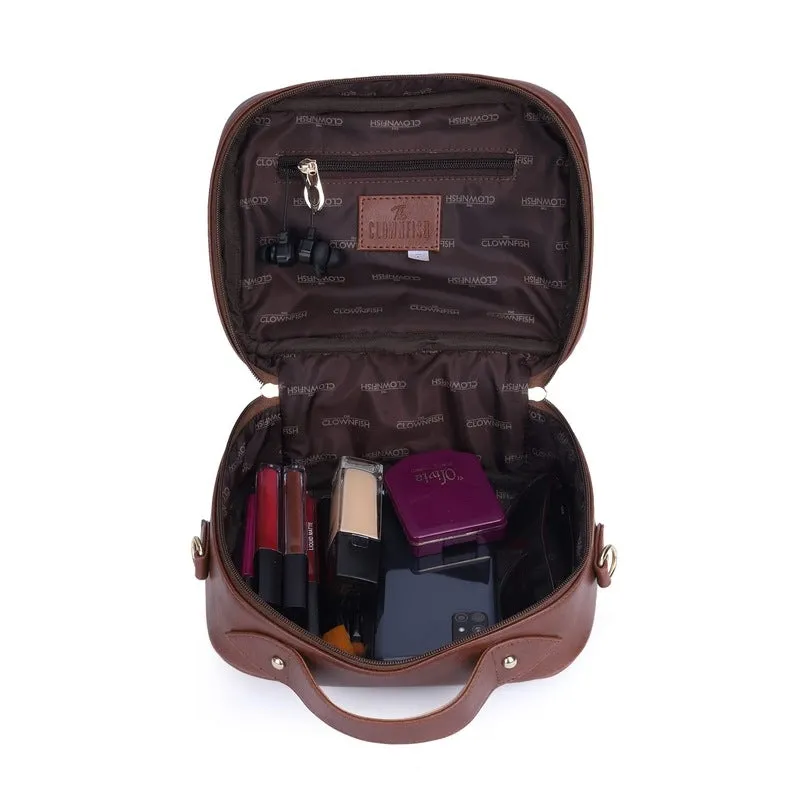 THE CLOWNFISH Abana Polyester and Faux Leather Crossbody Sling bag with Top Handle for Women Party Bag Purse with Adjustable Shoulder Strap and Printed Design for Ladies College Girls (Brown)