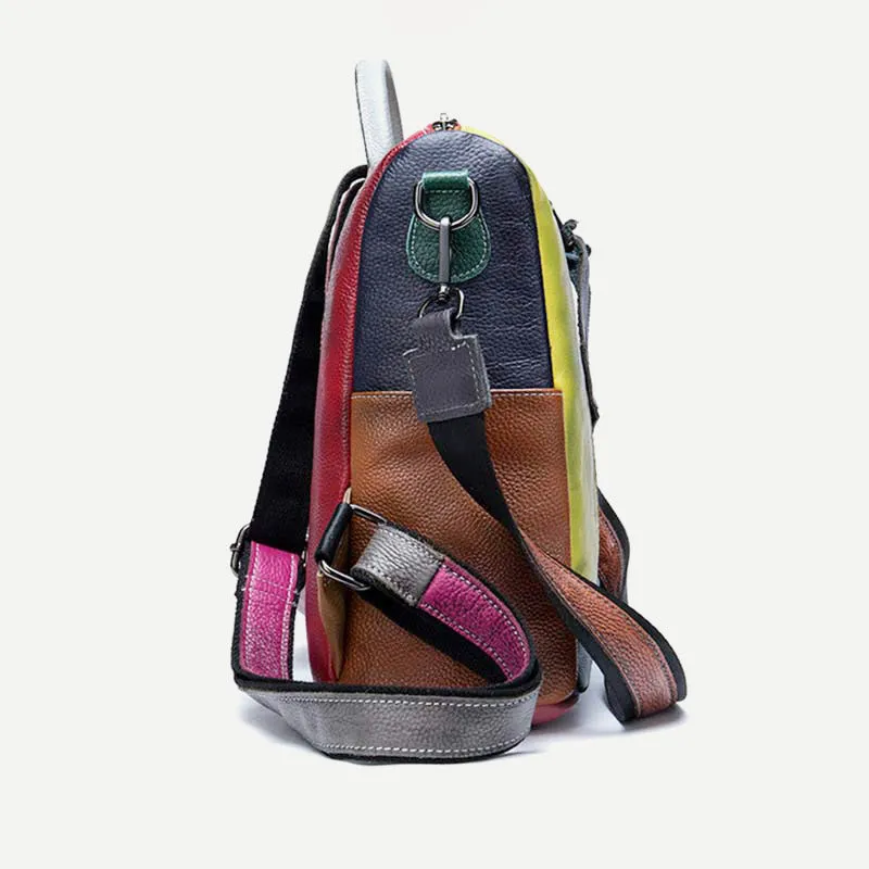 Women Backpack Purse Convertible Shoulder Bag Genuine Leather Colorblock Casual Daypack