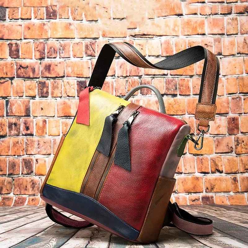 Women Backpack Purse Convertible Shoulder Bag Genuine Leather Colorblock Casual Daypack