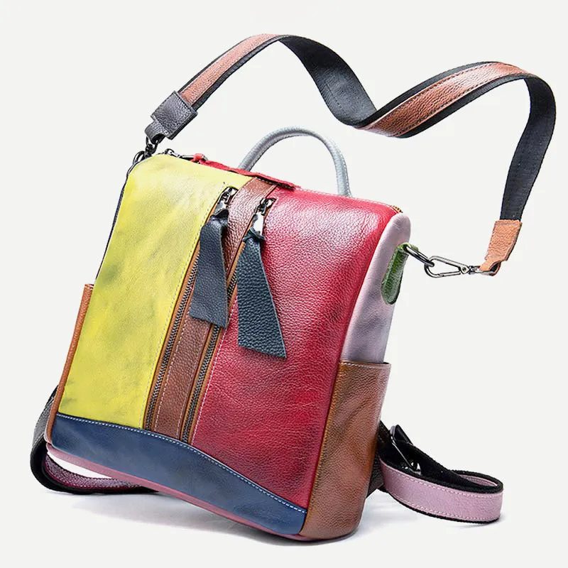 Women Backpack Purse Convertible Shoulder Bag Genuine Leather Colorblock Casual Daypack