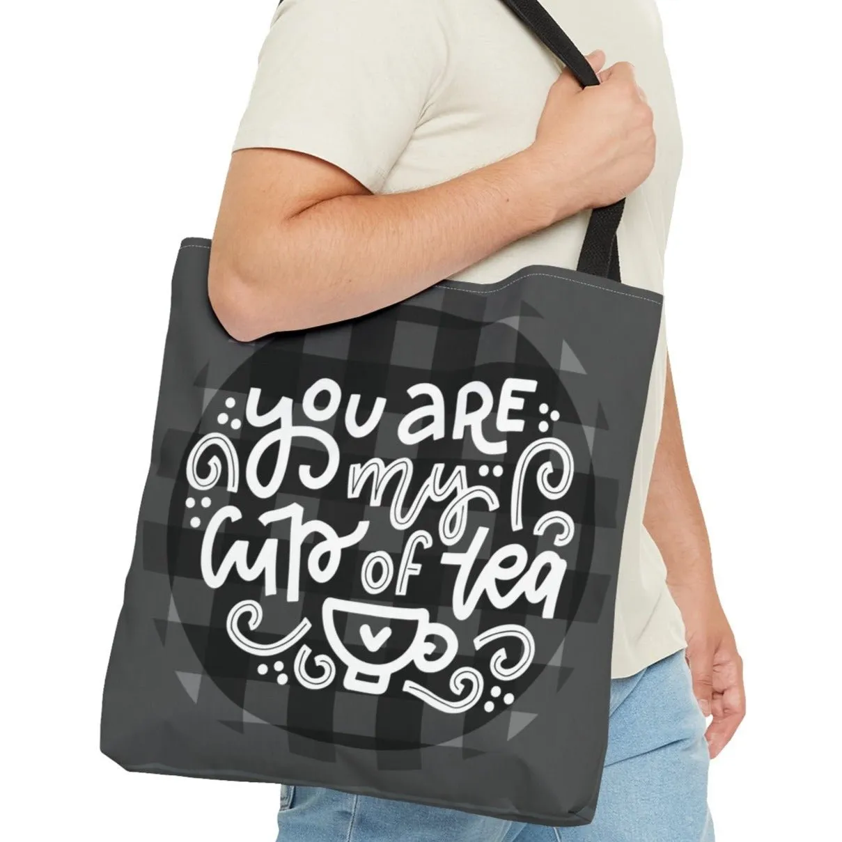 You Are My Cup of Tea: Black and White Checked Large Canvas Tote