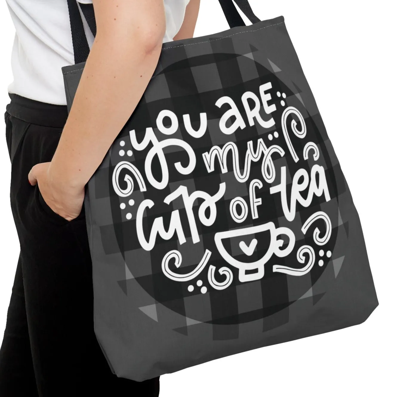 You Are My Cup of Tea: Black and White Checked Large Canvas Tote